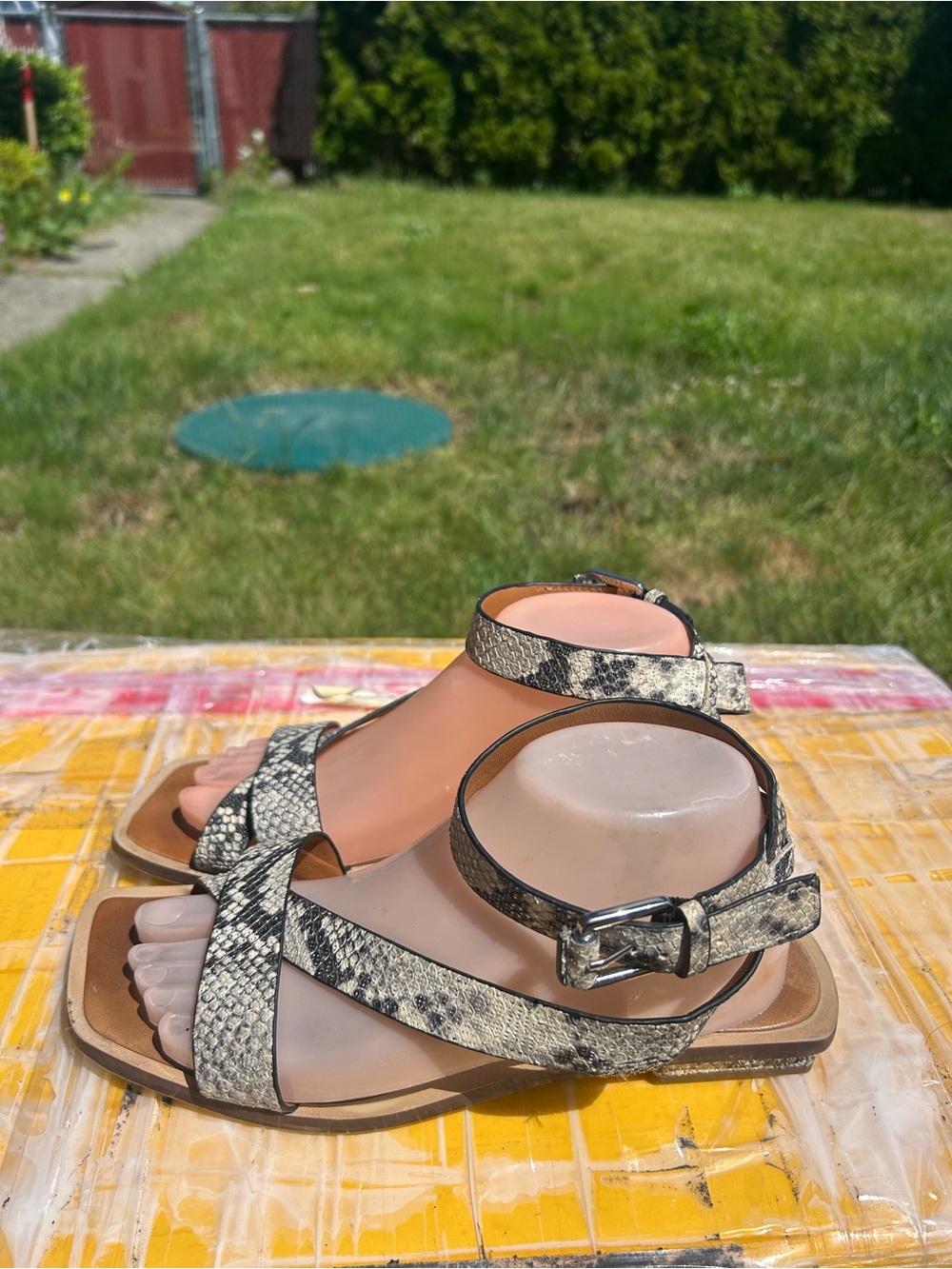 Franco Sarto Snake Print Ankle Strap Sandals  Neutral Tones Sandals Size 9M